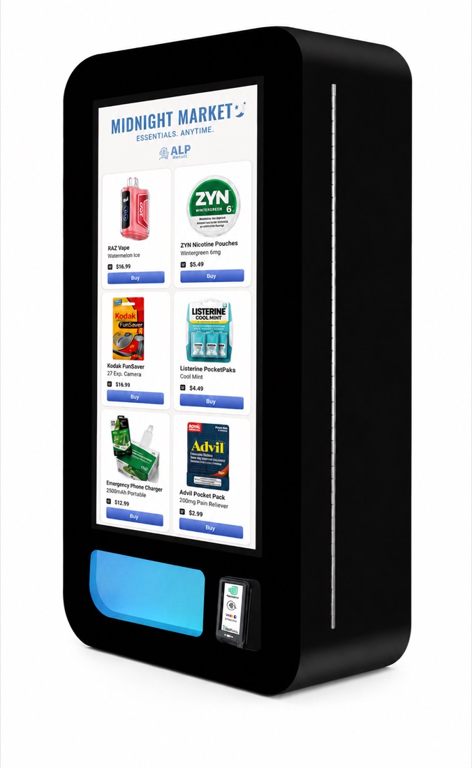 The Midnight Market kiosk shown straight on: a slim black wall-mounted unit with a full-height touchscreen.